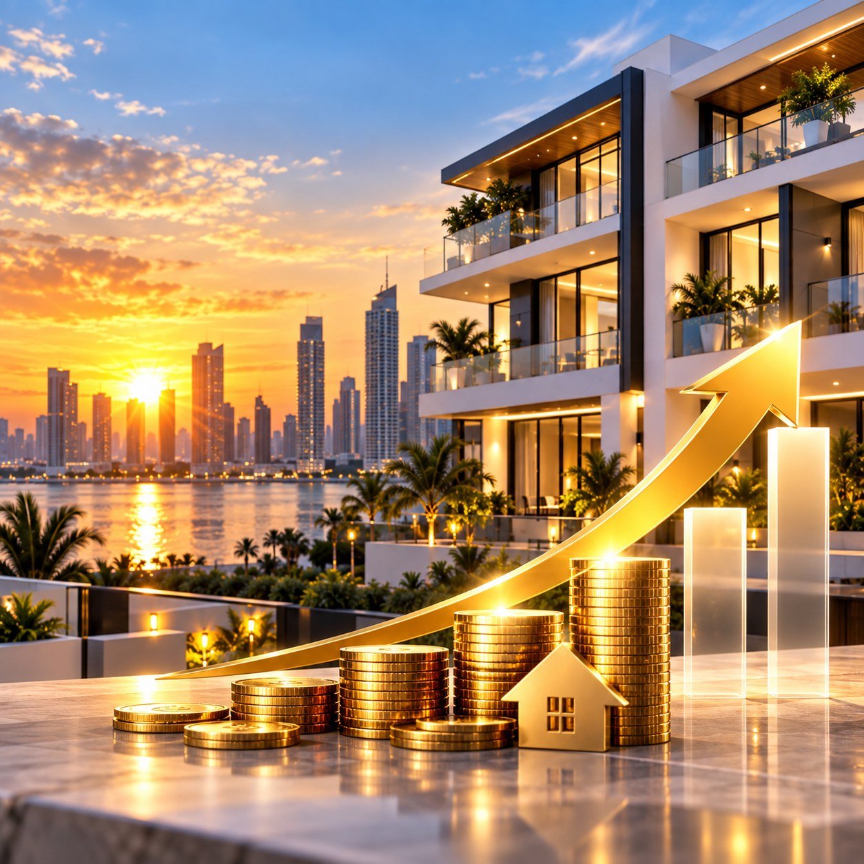 Modern waterfront residential building at sunset with a rising growth arrow and stacked coins