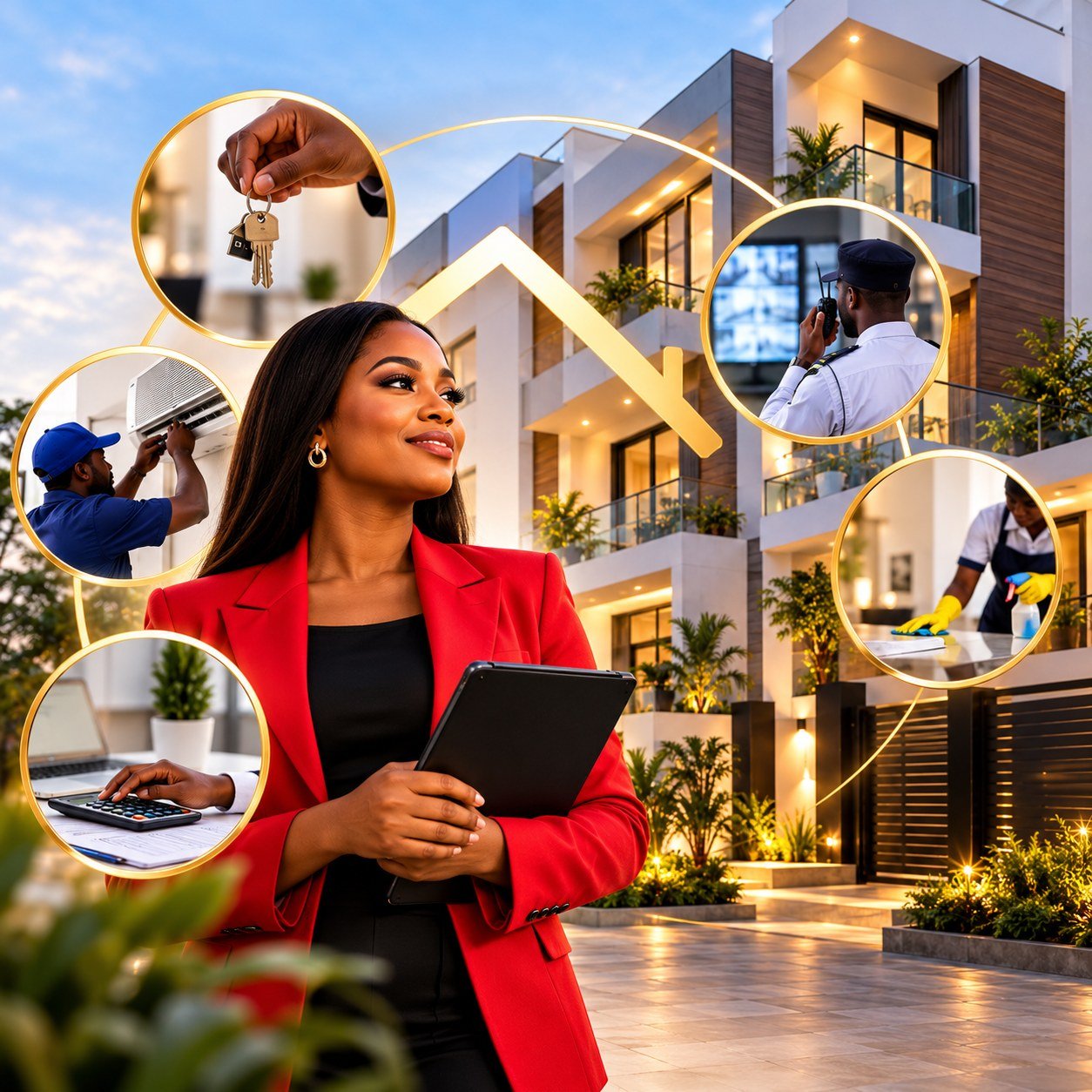 Property manager holding a tablet in front of a modern residential building, surrounded by maintenance, security, cleaning and accounting services